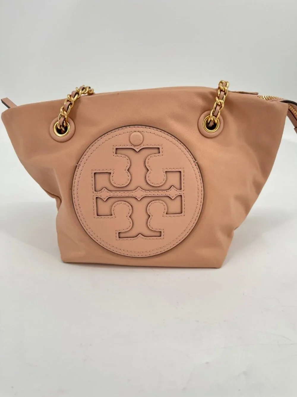 Tory Burch Ella Small Chain Crossbody Pink Sand Nylon Zip Tote Gold Logo Bag